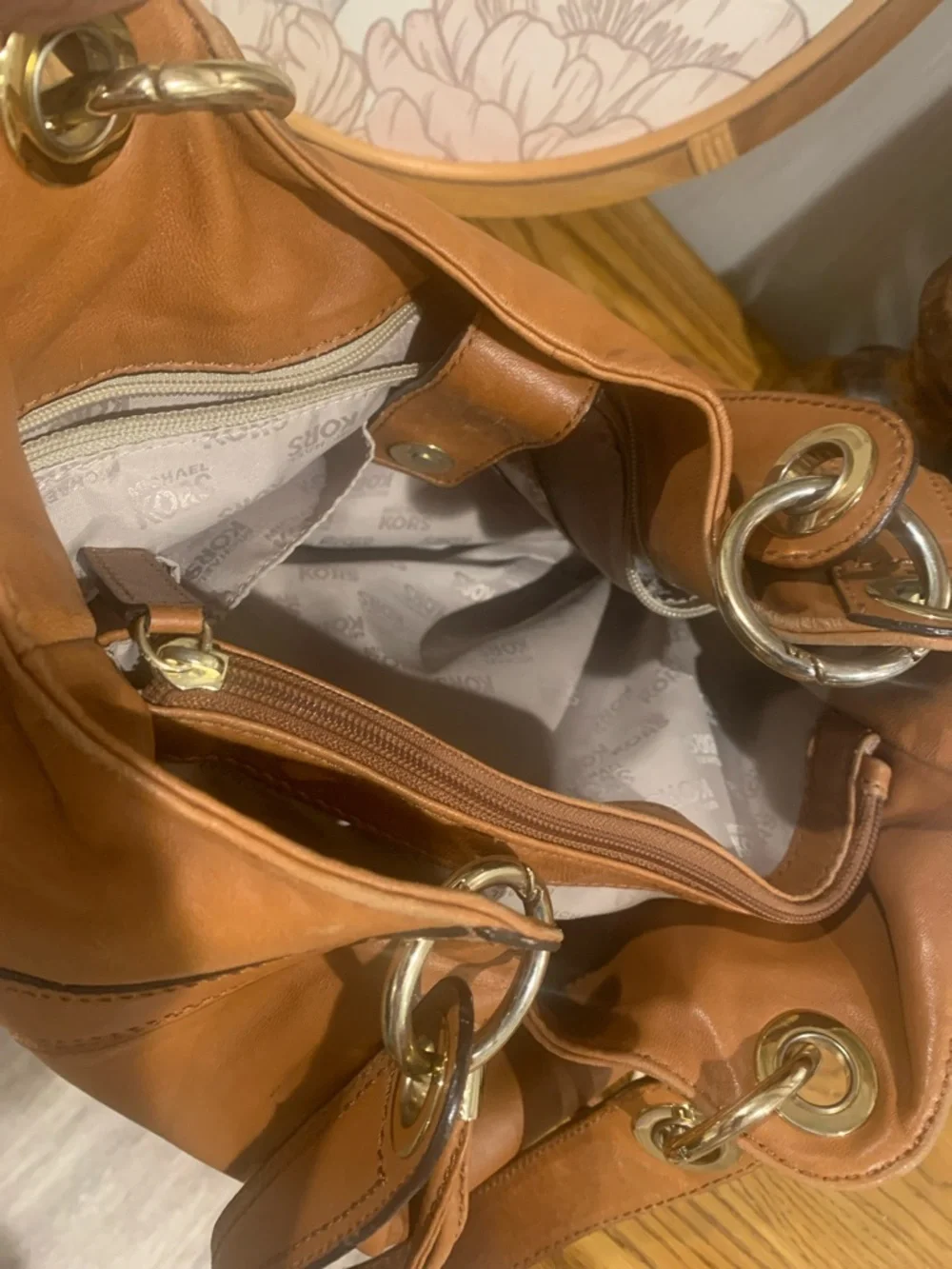 Michael Kors Ludlow Cognac Leather Drawstring Shoulder Bag with Gold Accents - Picture 10 of 16